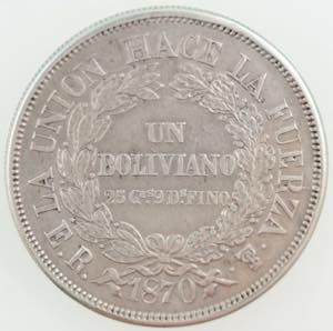 Monete Estere. Bolivia. Boliviano 1870. Ag. ... 