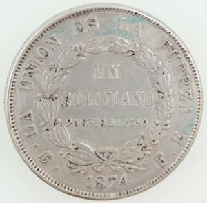 Monete Estere. Bolivia. Boliviano 1874. Ag. ... 
