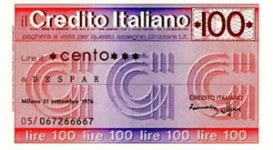 Miniassegni. Credito Italiano. Lire 100. ... 