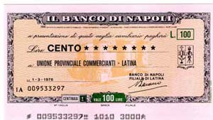 Miniassegni. Banco di Napoli. Lire 100. ... 