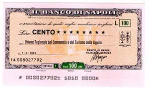 Miniassegni. Banco di Napoli. Lire 100. ... 