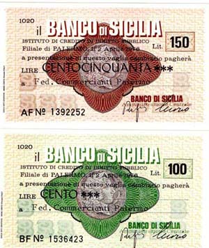 Miniassegni. Banco di Sicilia. 2 pezzi da ... 