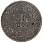 Monete Estere. Svizzera. 1/2 Franco 1921. ... 