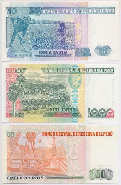 Peru 1987. 10I + 50I + 1988. 1000I ... 