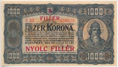 1923. 1000K 8 FILLÉR - NYOLC ... 
