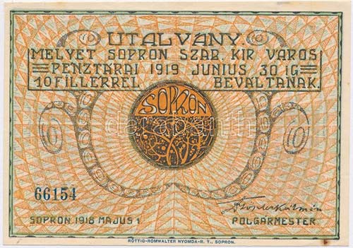 Sopron 1918. 10f utalvány T:I,I- ... 