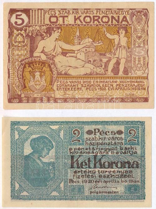Pécs 1920. 2K + 5K pénztárjegy ... 