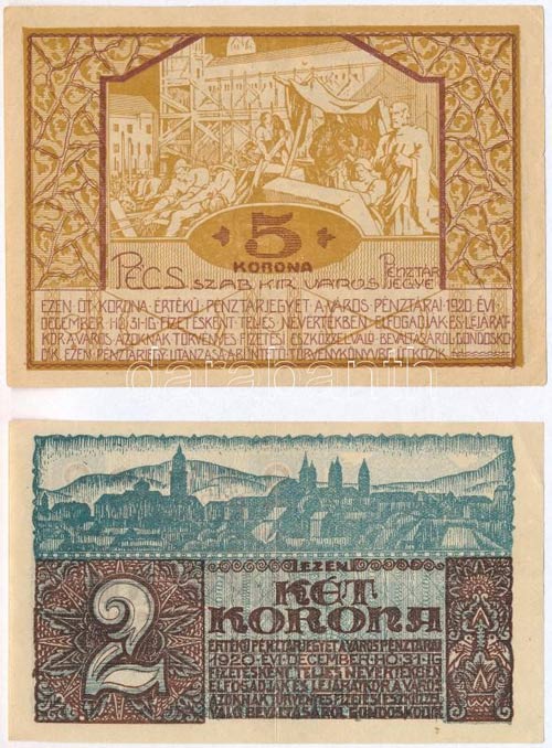 Pécs 1920. 2K + 5K pénztárjegy ... 