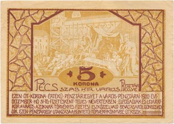 Pécs 1920. 5K pénztárjegy ... 
