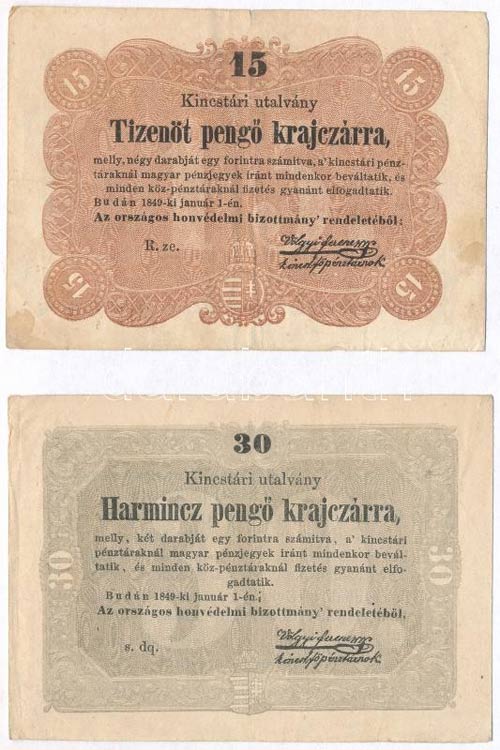 1849. 15kr + 30kr Kossuth bankó ... 