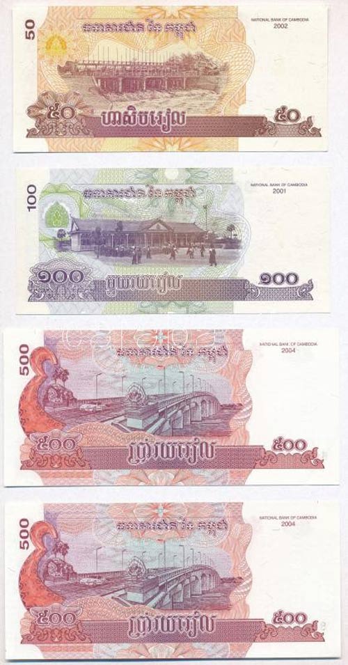 Kambodzsa 2001. 100R + 2002. 50R + ... 