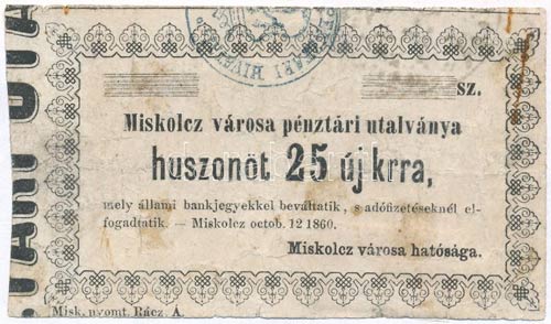 Miskolc 1860. 25kr Miskolcz ... 