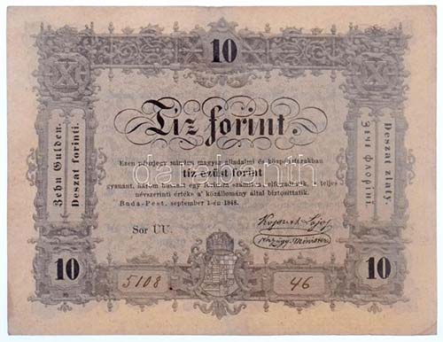 1848. 10Ft Kossuth Bankó T:II- ... 
