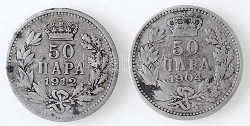 Szerbia 1904. 1D Ag + 1912. 50p Ag ... 