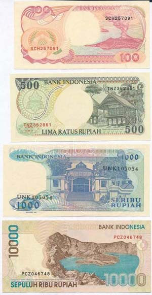 Indonézia 1987. 1000R + 1992. 100R + 500R + ... 