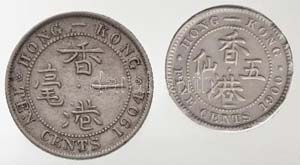 Hongkong 1900. 5c Ag Viktória + 1904. 10c ... 