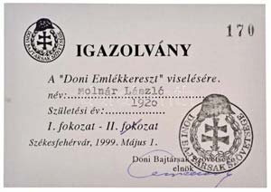 1999. Doni Emlékkereszt fém kitüntetés ... 