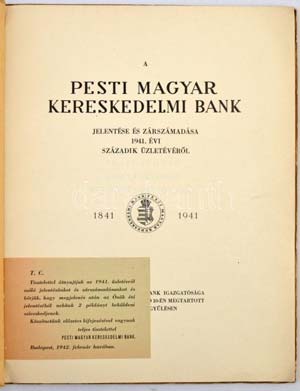A Pesti Magyar Kereskedelmi Bank jelentése ... 