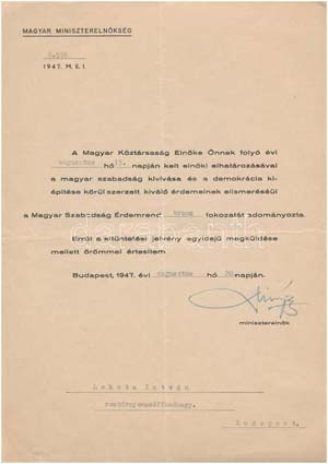 1947. Magyar Szabadság Érdemrend bronz ... 