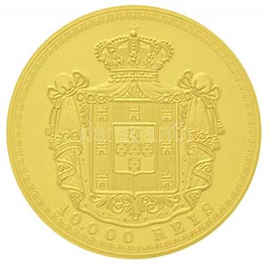Portugália 1884. 10.000R aranyozott Cu ... 