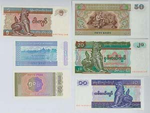 Mianmar 1994. 50p + 1996. 1K + 1997. 5K + ... 