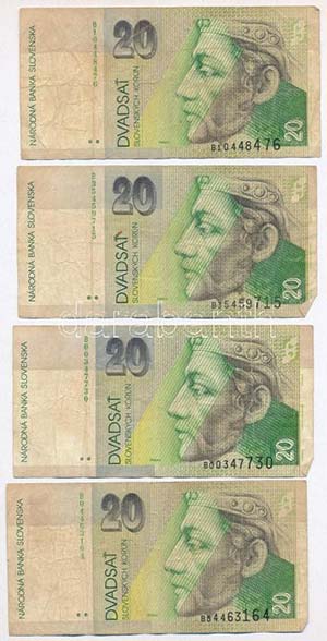 Szlovákia 1993. 20K (4x) + 100K (2x) + ... 