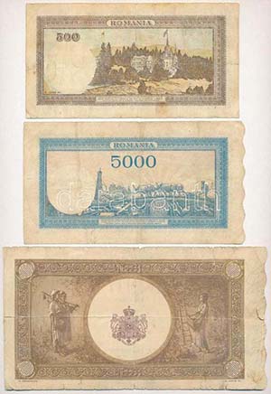 Románia 1941. 500L + 1945. 5000L + 10.000L ... 