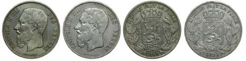 Belgium - 2 coins 5 Francs 1869, ... 
