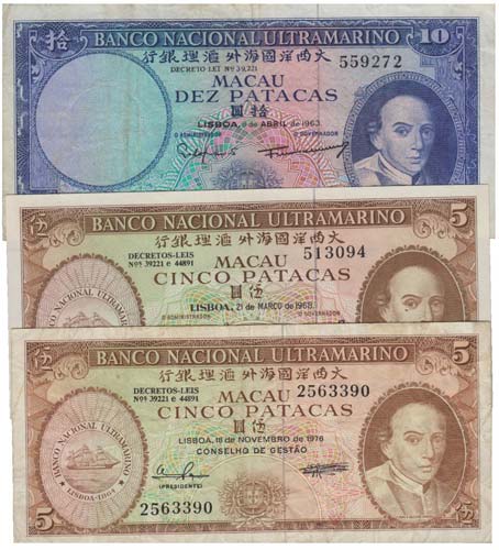 Paper Money - Macau 3 expl. 5, 10 ... 