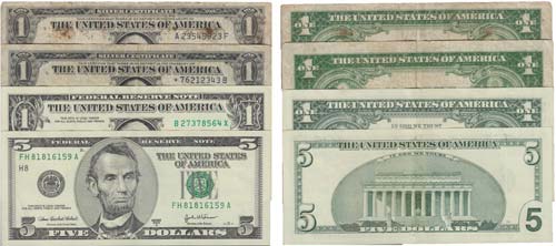 Paper Money - U.S.A. 4 expl. 1, 5 ... 