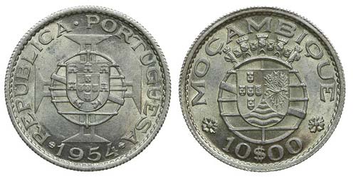 Mozambique - 10$00 1954            ... 