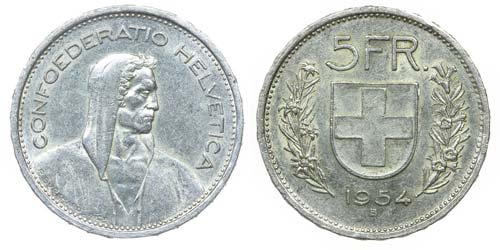 Switzerland - 5 Francs 1954 B      ... 
