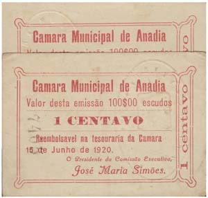 Cédula - Anadia 2 expl. 1 Centavo 1920      ... 