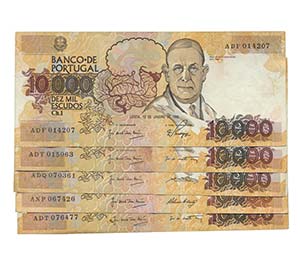 Paper Money - Portugal 5 expl. 10.000$00 ch. ... 