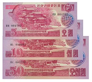 Paper Money - North Korea 3 expl. 5, 10, 50 ... 