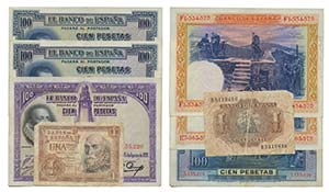 Paper Money - Spain 4 expl. 1, 100 Pesetas ... 