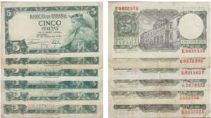 Paper Money - Spain 6 expl. 5 Pesetas 1954   ... 