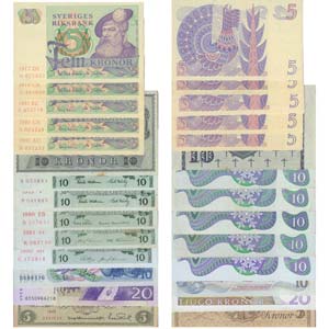 Paper Money - Sweden 14 expl. 5, 10, 20 ... 
