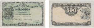 Paper Money - Portugal 500 Réis ch. 3 1904  ... 