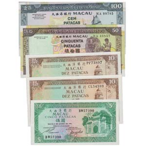 Paper Money - Macau 5 expl. 5, 10, 50, 100 ... 