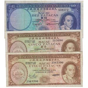 Paper Money - Macau 3 expl. 5, 10 Patacas ... 