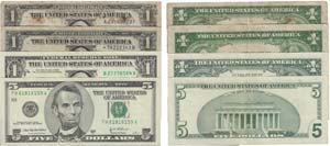 Paper Money - U.S.A. 4 expl. 1, 5 Dollars ... 