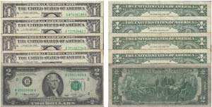 Paper Money - U.S.A. 5 expl. 1, 2 Dollars ... 