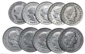 Swutzerland - 10 coins 10, 20 Rappen 1884 ... 