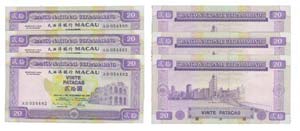Paper Money - Macau 3 expl. 20 Patacas 1996  ... 