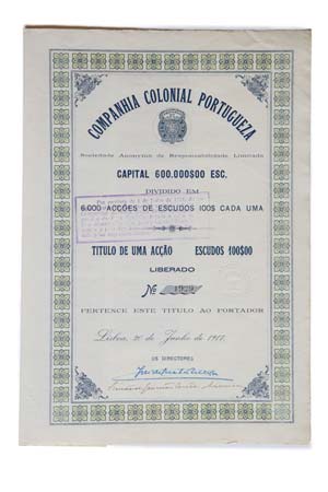 Share - Comp. Colonial Portugueza - 100$00 ... 