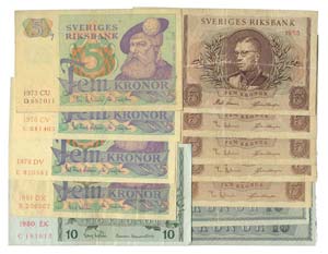 Paper Money - Sweden 12 expl. 5, 10 Kronor ... 