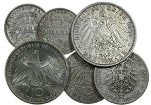 GErmany - 6 coins 1, 2, 3, 10 Mark 1877-1972 ... 