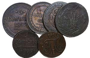 Russia - 6 coins 1, 2, 3, 5 Kopeks 1757-1863 ... 