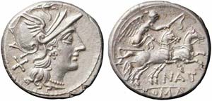 Roma, Pinarius Natta, Denario, 155 a.C., Ag ... 